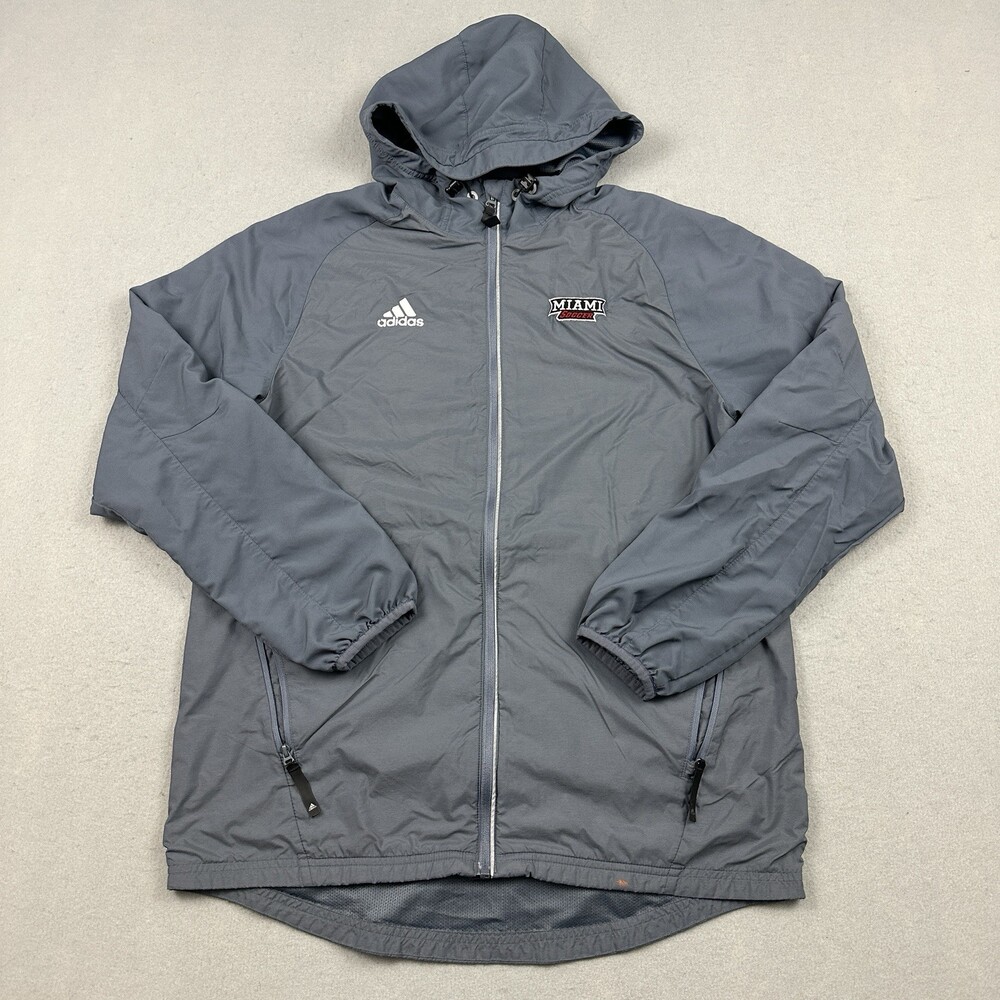 Miami Redhawks Jacket Men Medium Gray Soccer Adidas WIndbreaker Hood M *